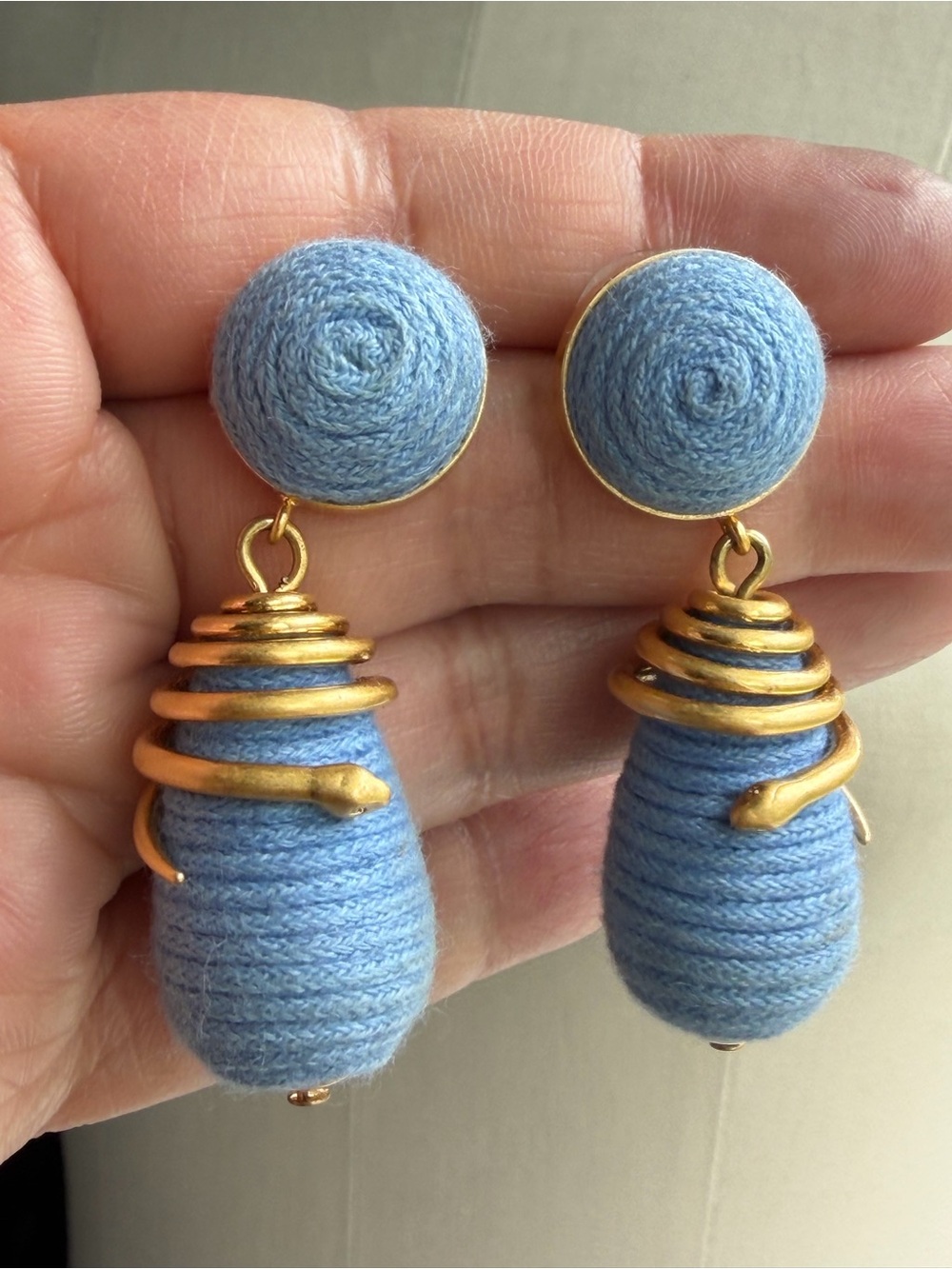 Hand-Wrapped Light Blue Woven Textile Drop Earrings with Gold Serpent Accents - Picture 8 of 13